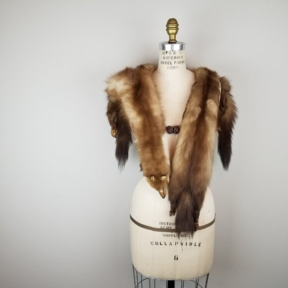 Vintage 1930's Full Mink Fur 3 Pelt Stole Scarf with Heads, Tails & Feet - Picture 1 of 12